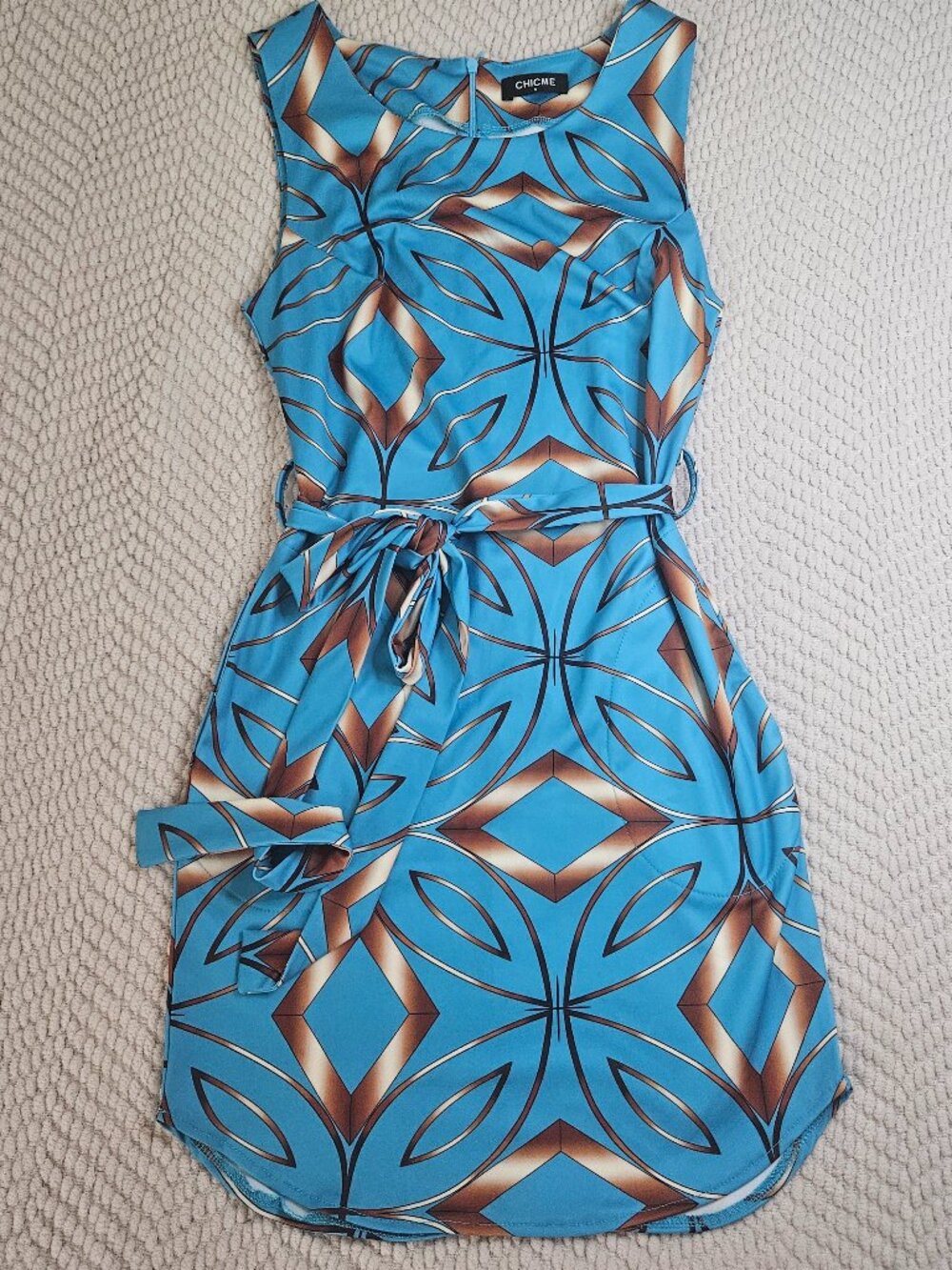 Women's Blue Brown Geometric Tie-Waist Dress Polyester Cotton Size S